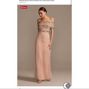 David’s Bridal By Marina Beaded Bodice Mesh Overlay Off Shoulder Gown